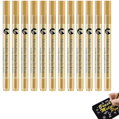 Hyleon 12Pcs Acrylic Paint Pens, Gold Pen Metallic, Quick Dry Waterproof, Metallic Marker Pens for Rocks, Glass, Wood, Ceramic, Fabric, Paper, Colouring Book, Christmas DIY Crafts Art Supplies