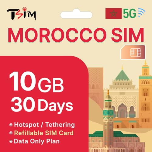 TSIM Morocco SIM-Karte 30 Tage | 10 GB Highspeed-Daten in 5G/4G/LTE | Datenfreigabe erlaubt | Automatische Aktivierung | Upgrade 5G-SIM | Nur Daten, Keine Anrufe