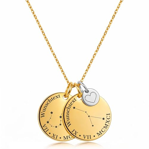 BS Schmuckdesign Personalisierte Kette Damen mit Gravur – Sternbild Kette mit Name & Datum in römischen Zahlen, Wunschgravur hinten, persönliches Geschenk für Frauen (Doppelt, Gold/Silber)