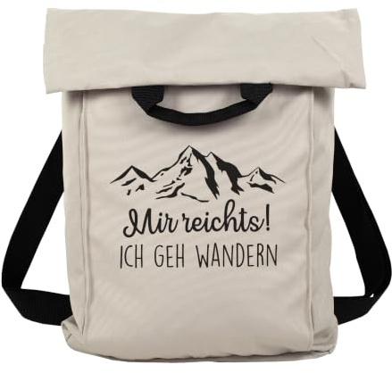Herz & Heim® Personaliserter Rolltop Rucksack Damen – Tagesrucksack für Reisen, Ausflüge, Urlaub, Outdoor & Wandern – Rucksack Herren mit Aufdruck – Farbauswahl (Beige, Berge)