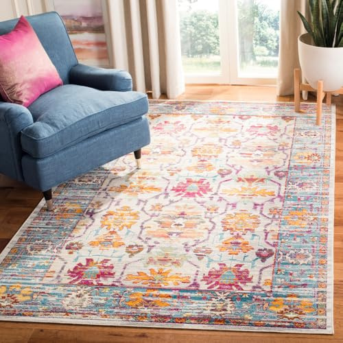 SAFAVIEH Boho Teppich für Wohnzimmer, Esszimmer, Schlafzimmer - Crystal Collection, Kurzer Flor, Creme und Blaugrün, 201 X 279 cm