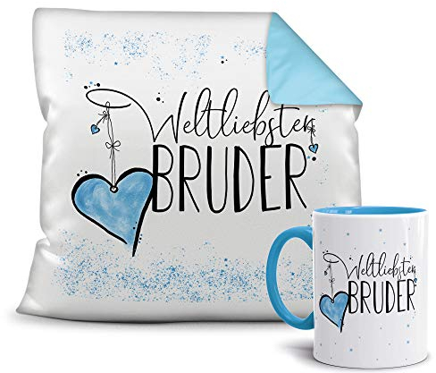 Geschenkset für den Weltbesten Bruder - Tasse und Kissen - Himmelblau/Verwandte/Geschenk-Idee/Liebling/Familie