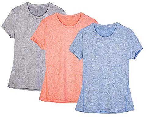 icyzone Sport T-Shirt Damen Kurzarm Laufshirt - Atmungsaktive Fitness Gym Shirt Sport Oberteile, 3er Pack (M, Granite/Blue/Orange)