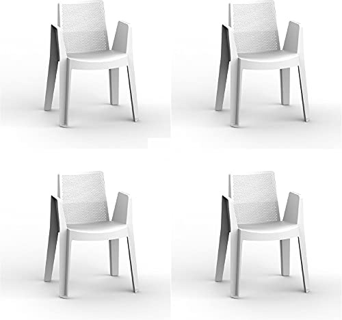 Resol Play Set 4 chaises de Jardin avec accoudoirs, empilable | Fauteuil Design Moderne, léger et Durable, Filtre Solaire UV | pour Patio, Balcon ou terrasse, Salle à Manger extérieure - Blanc