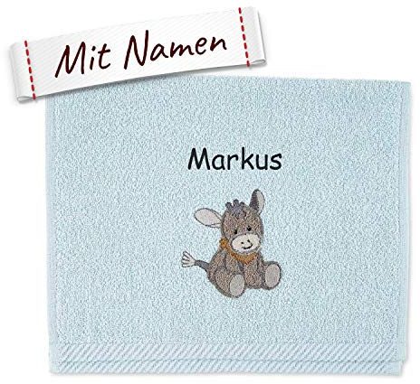 Sterntaler Kinder/Baby Handtuch Bestickt mit Namen, Emmi Kinderhandtuch personalisiert, Junge, Esel Hellblau