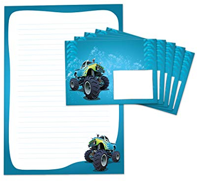 Briefblock mit Umschlag für Kinder Monster-Truck Monstertruck Briefpapier-Set (Block A4 mit 25 Blätter + 15 Umschläge)