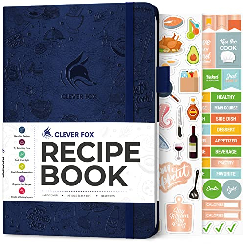 Clever Fox Rezeptbuch - Machen Sie Ihr eigenes Familienkochbuch, leeres Kochjournal zum Eintragen von Rezepten, A5 Hardcover, Platz für 60 Rezepte - Dunkelblau (Englisch)