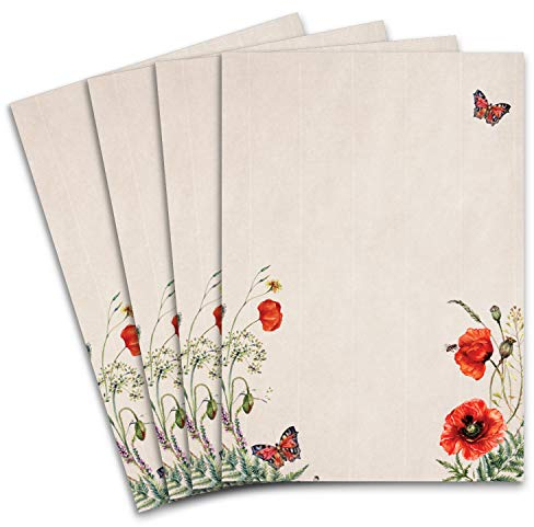 150 Briefbogen DIN A4 - Naturpapier mit Motiv Mohnblume - 120 g/m² - 21,0 x 29,7 cm Briefpapier mit gerippter Optik in leichtem Rosa - Bedruckbar ideal für Einladungen zu Hochzeit und Geburtstag