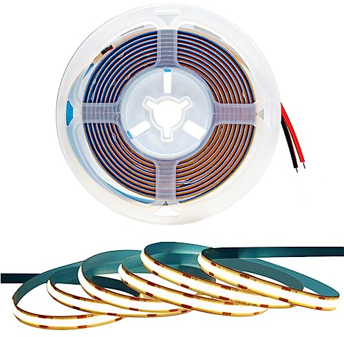 Tesfish LED Streifen Licht, COB Band DC 12V 5M 320 LEDs/M Insgesamt 1600 LEDs Warmweiß 3000K Neon Licht Flexibel Super Hell Lichtleisten Leiste für Party, Theke, Regal, Wohnkultur