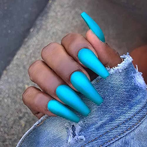 Yheakne Coffin Lot de 24 faux ongles à clipser extra longs en acrylique pour femme et fille Bleu mat