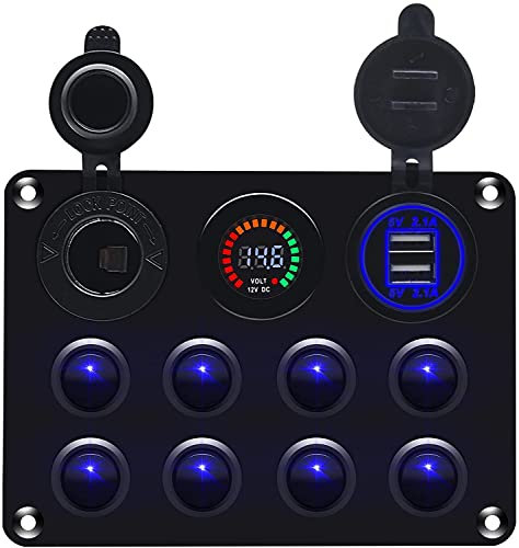 GIDREN Pannello Interruttori 8 Gang con 2 USB e Voltmetro Controllo LED Rocker IP68 Impermeabile 12V / 24V per Auto, Barca e Marina (BLUE)