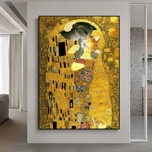 Abstrakt Zwei Katzen Liebhaber Küssen Kreativität Der Kuss Von Gustav Klimt Kunst Leinwand Malerei Poster Wandkunst Bilder Zimmer Wohnkultur 60X90Cm Kein Rahmen