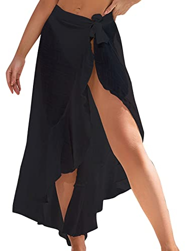 Damen Sarong/Pareo für den Strand - zum Tragen über Badeanzügen Chiffon Bikini Cover Up Badeanzug Strandtuch Wickelrock Strand Rock (Black, One Size)