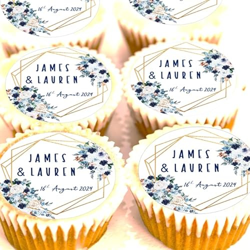 Personalised Cake Toppers - Pre Cut - Edible Icing or Wafer - 4cm x 24 - Navy Blue Gold Flowers - Wedding Birthday Nikah Engagement Hen Anniversary Cupcake Decorations (Edible Wafer)
