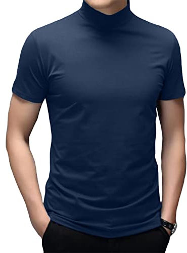 Herren T-Shirt Kurzarm Basic Mock Rollkragen Slim Fit Unterhemd Pullover Thermo Solid Tops, Marineblau, XL