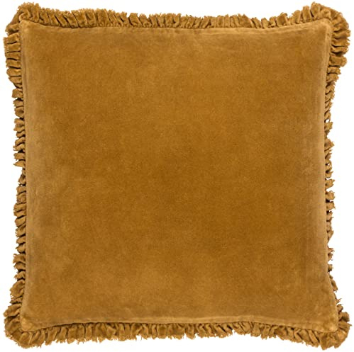 Yard Bertie Washed Cotton Velvet Filled Cushion (Saffron, 45 x 45 cm) | Soft Velvet Relaxed Style Decorative Pillow
