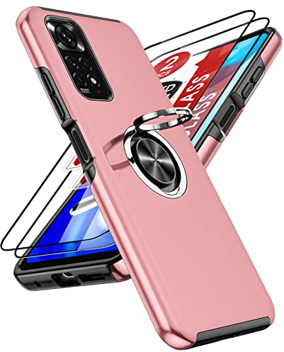 LeYi Hülle für Xiaomi Redmi Note 11/Note 11S 4G Kameraschutz Handyhülle & 2*Hartglas Folie, Hybrid Schutzhülle Militär Standard Stoßfest Case Handy Hüllen Cover mit Metall Ring Ständer Halter Rosa