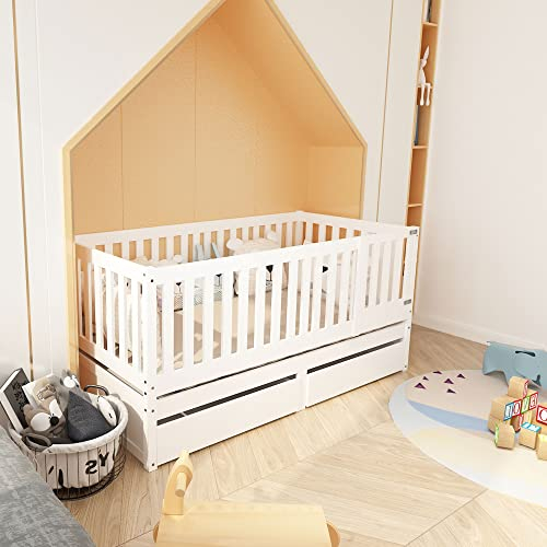 ZYLOYAL10 Kinderbett mit Vollabtrennung 90 x 200cm Mehrzweckbettrahmen umbaubar in Zwei getrennte Betten (Weiß - A)