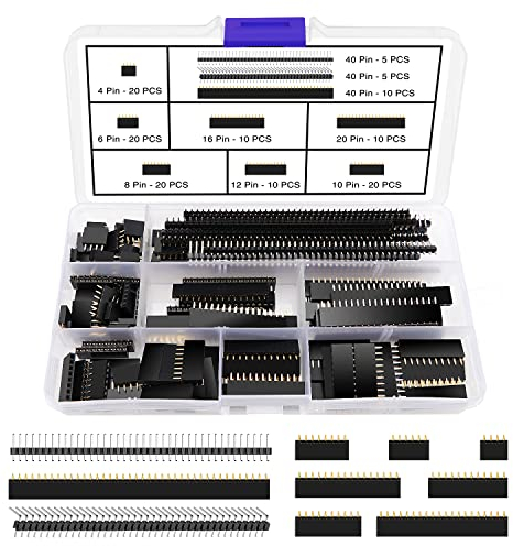 VooGenzek 130 PCS 2.54mm Breakaway PCB Board Pin Header Connector Strip Assortment Kit, Male and Female Pin Header Socket Connector Strip, for Arduino Stackable Shield (4/6/8/10/12/16/20/40 Pin)