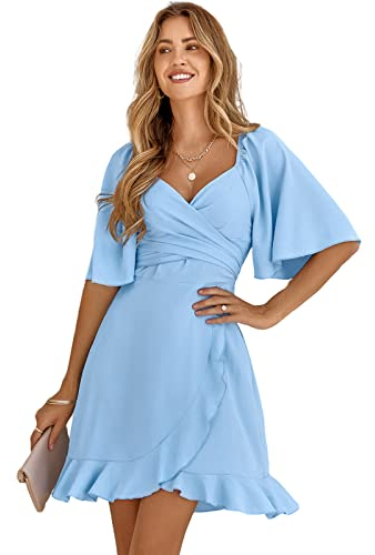 HEYPORK Damen Frühling Sommer Rock Bequem Lässig Kleider Mode Elegant Röcke Frauen V-Ausschnitt Einfarbig Taille Verkleinernde Rüsche Kleid(Blau, S)