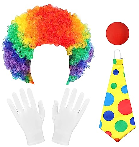 YOUYIKE Clown Kostüm Accessoire, 5 Stück Clown Kostüm Set, Clown Kostüm Kinder, Clown Lockenperücke+Clownsnase+Bunte Krawatte+Handschuhe Geeignet Kostümzubehör Für Karneval, Ostern Und Halloween