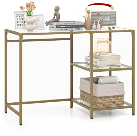 COSTWAY Bureau en Verre Trempé, Bureau 2 Étagères, Cadre Métallique Doré, Meuble d'Entrée pour Couloir, Salon, Chambre, Bureau, Doré, 106 x 51 x 76 cm