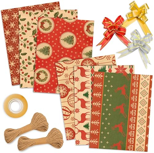 Üka • Geschenkpapier für Weihnachten + Zubehör. Pack mit 6 Blättern 50x75 cm. Papier für Mittlere und Kleine Geschenke. Kraft-Geschenkpapier mit 10 Dekorativen Schleifen, 20 m Juteseil und Klebeband.