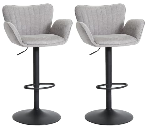2er-Set Barhocker HWC-M67, Barstuhl, mit Armlehne Fußablage drehbar Stoff/Textil Eisen FSC® - hellgrau Fuß schwarz