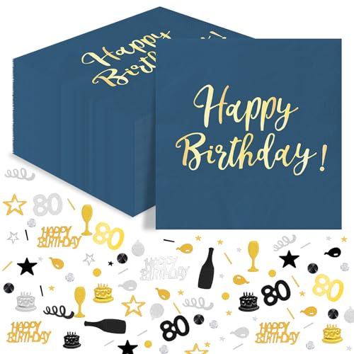 Wentsent 80. Geburtstag Tischdeko: 40Stück Happy Birthday Servietten Blau Gold + 15g Konfetti Schwarz Gold, Servietten aus 2-lagigem Papier, für Mann oder Frau