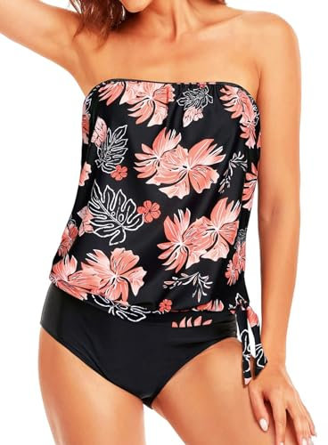 Yutdeng Set di Costume da Bagno Donna 2 Pezzi Tankini Beachwear Costumi Mare Larghi con Slip Swimsuit Spallacci Rimovibili e Regolabili Estivi Spiaggia Piscina,Rosa,XL