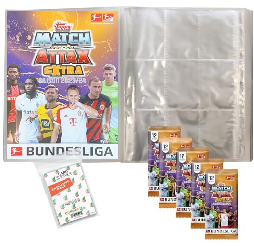 Bundle mit Topps Match Attax EXTRA Bundesliga 2023/24-1 Leere Sammelmappe + 5 Booster + Exklusive Collect-it Hüllen