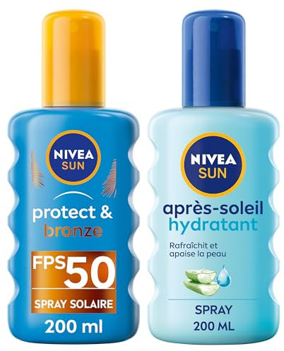 NIVEA SUN - Routine Protection Solaire - Spray Solaire Protect & Bronze FPS 50 + Après SoleilHydratant - Contre UVA/UVB - Rafraîchit & Apaise - Teint Hâlé - Pro-Mélanine, Aloe Vera Bio - 200 ml x 2