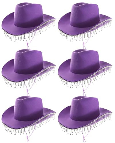 Sombrero de vaquera con diamantes para adultos, paquete de 6, sombrero de vaquero de fieltro morado lila con detalles de diamantes, accesorio de disfraz de vaquera con purpurina para adultos