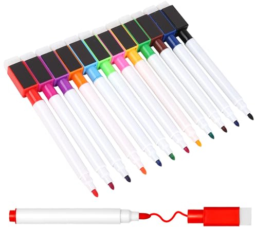 qijiefenCC 12 Stück Whiteboard Marker,Magnetische Whiteboard Stifte,Trocken Abwischbar Whiteboard Stifte mit Radierer,Fine Tip folienstift,für Büro, Schule, Zuhause usw (Farbe)