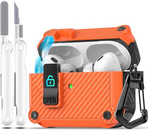 R-fun kompatibel mit AirPods Pro 2 Hülle (Auto Pop-Up-Deckel) mit Reinigungsset, kompatibel mit Airpods Pro 2./1. Gen(2023/2022/2019), für Airpods Pro Hülle (USB-C/Lightning-Kabel),Kohlefaser Orange