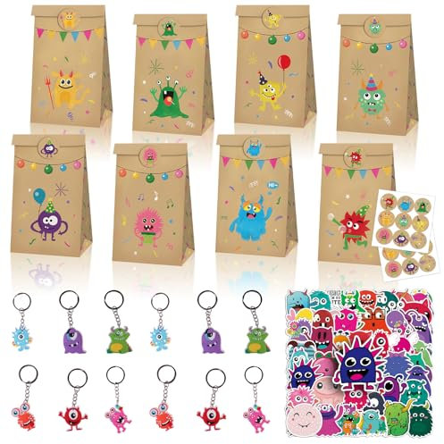 JWTRSVTY 74Pcs Monster Kindergeburtstag Geschenke, Monster Theme Party Geschenke, Monster Party Mitgebsel mit Kinder Monster Schlüsselanhänger Geschenktüten Aufkleber, für Jungen Mädchen GastGeschenk