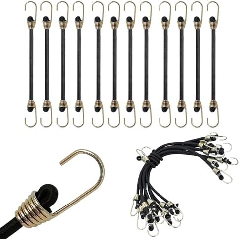 Paquete de 12 Cuerdas elásticas de Goma con Ganchos de Metal, Correas Elásticas con Ganchos, Correas elásticas de 25cm, Cuerda elástica Resistente al Desgaste para asegurar Lonas de Carga, Lonas