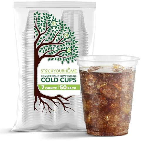 Stock Your Home 7 oz Clear Commercially Compostable Cold Cups Plant Based Eco Party Cup, Environmentally Friendly Recyclable Disposable Sustainable for Water, Wine & Beer Sample (50 Pack)