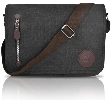 Focenat Bolsos Bandolera de Hombres, 14 Pulgadas Bolsa de Ordenador Bolsas mensajero para portátiles, Vintage Canvas Bolso de Hombro de Lona, Bolsas escolares, Trabajo y escuela, Negro