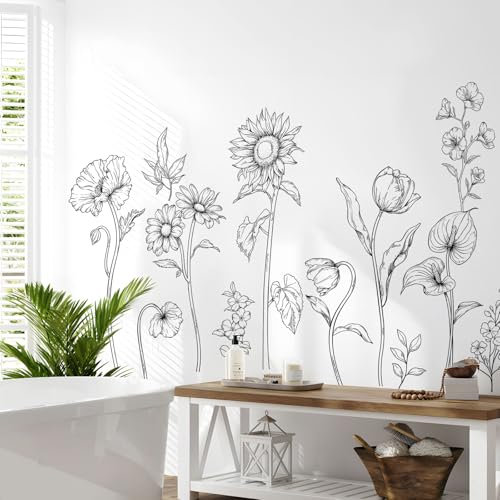 Supzone Wandtattoo Große schwarze und weiße Blume Wandaufkleber Einfache minimalistische Gartenblume Wandsticker für Wohnzimmer Schlafzimmer Sofa TV Hintergrund Wanddeko