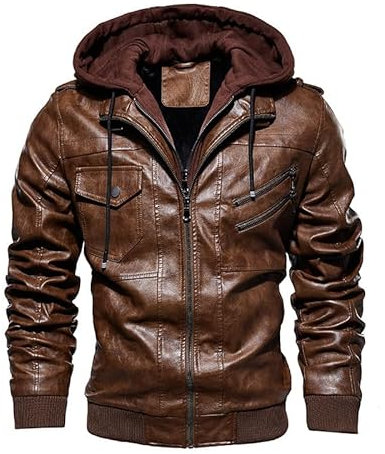 TINNYTT Veste en Cuir pour Homme, Moto Décontractée à Capuche, Faux Deux Pièces, Automne et Hiver, Brown-L