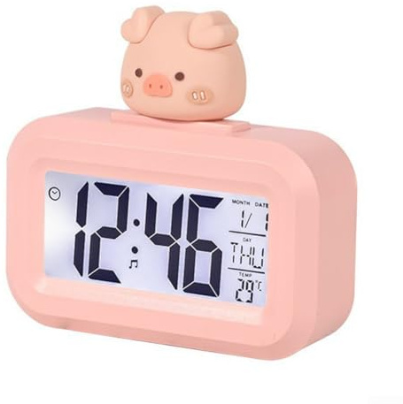 Wecker mit Cartoon-Motiv, mehrere Klingeltöne und Temperaturanzeige, ideal für Kinderzimmer (Schwein)