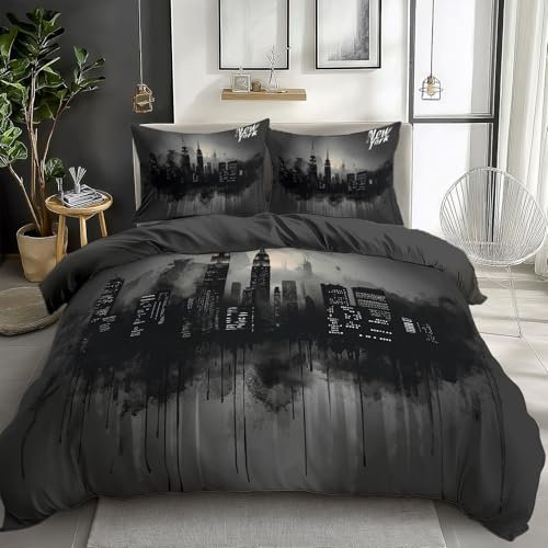 Quixora Bettwäsche Schwarz-Weiß-Ton New York Skyline Muster 135 x 200 cm Wendebettwäsche aus Mikrofaser für Mädchen und Damen, Dunkelgrau, Mit 80x80 cm Kissenbezug und Reißverschluss