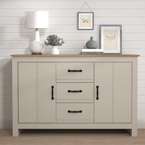 Galano Laverton 2 Door 3 Drawer Sideboard, Storage Cabinet and Organizers, Freestanding Cabinet for Living Room and Entryway – Light Grey/Oak