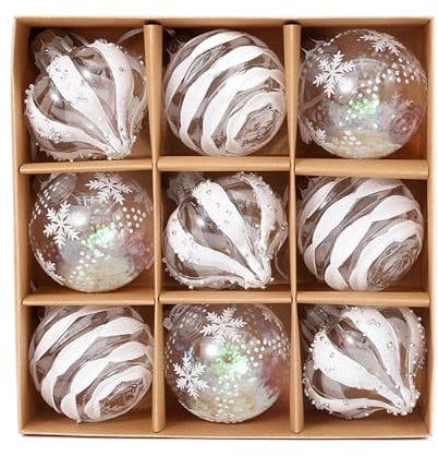 9Pcs Christmas Ball Ornaments Set, Clear Glitter Hanging Decorations, Shatterproof Baubles for Christmas Home Decoration (White, One Size)