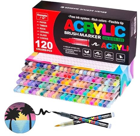 Guangna Acrylstifte 120, Filzstifte Farbstifte Lackstifte mit feiner Spitze, flexibel und präzise, überlappbare Opa-Tinte, Malheft, Glas, Keramik, Fels, Holz, Stein, Stoffmalerei