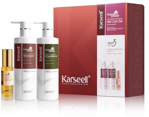 Karseell Maca Essence Haaröl und Shampoo und Conditioner, Set mit Feuchtigkeitsspender für trockenes und geschädigtes Haar, für alle Haartypen, 2 x 500 ml + 50 ml