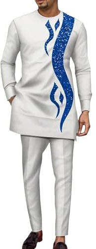 Bauzuoyo Afrikanisches Herren Outfit Dashiki African Shirt mit Druck 2-teiliges Traditioneller Anzug Herren Middle East Thobe mit Hosen Muslim Langarm Casual Outfit