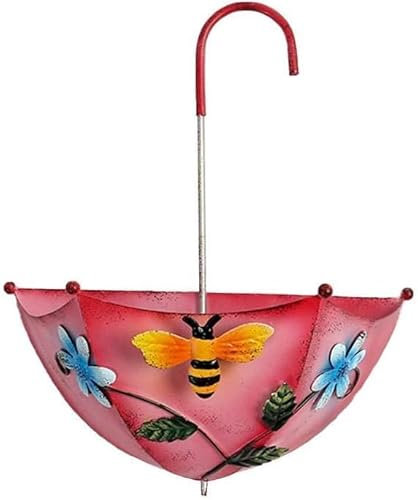 Metal Umbrella Hanging Planter Basket Wall Decoration for Home Patio Garden Fence (Pink)