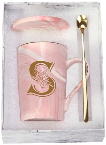 Letter S Personalized Initial Mugs with Flower, Letter S Personalized Novelty Coffee Mug, Novelty Letter Coffee Mugs for Women, Bridal Shower Gifts, Women's Initials Gifts Coffee Mug 14 Ounce Pink